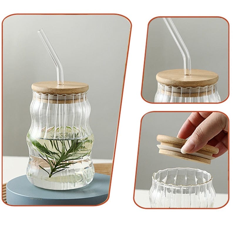 Ripple glass cups with bamboo lids and straw