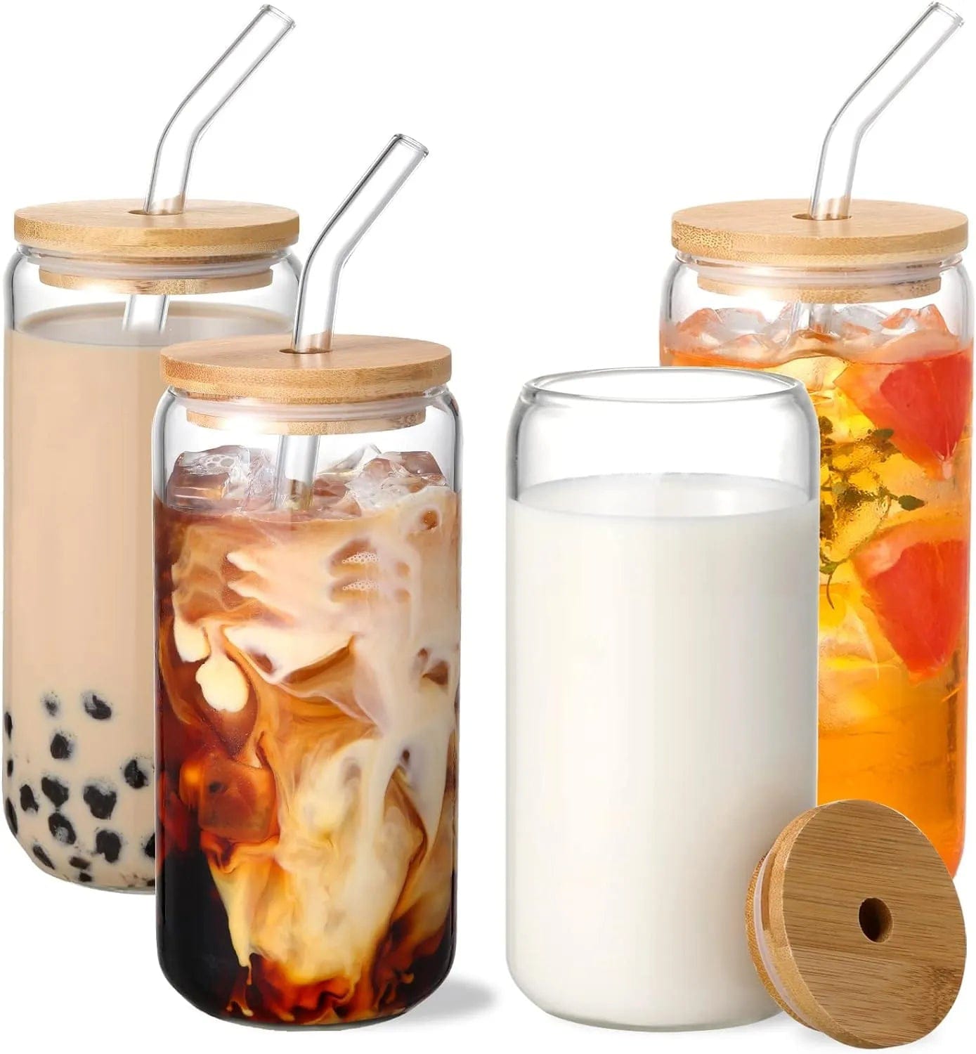 Plain glass cup with bamboo lids and straw